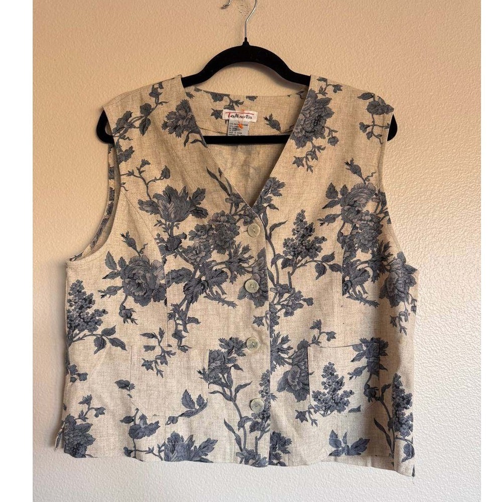 Talbots Cream Blue Floral Toile Vest L Linen Old Money Coastal Grandma Preppy